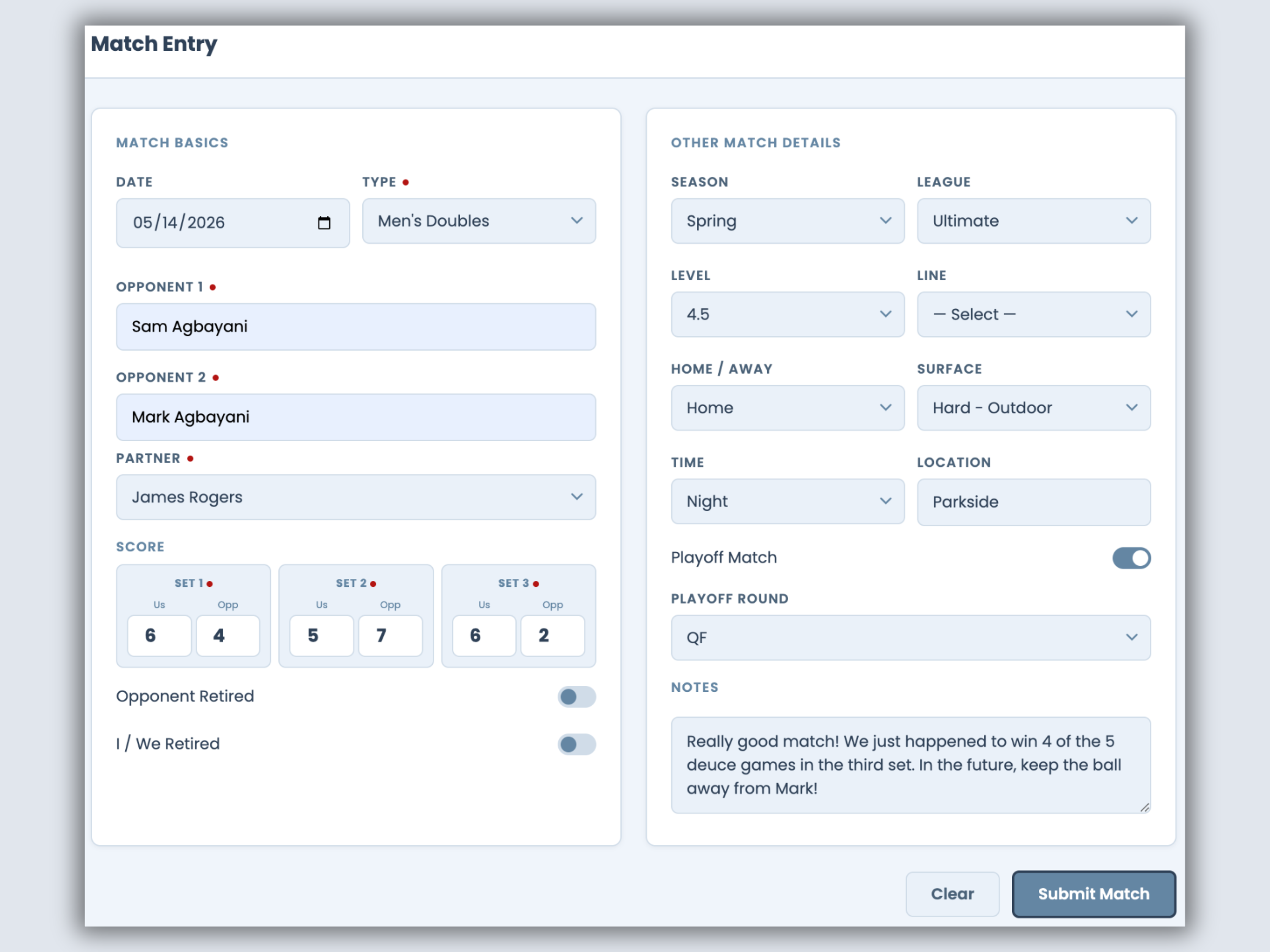 Match Entry Form